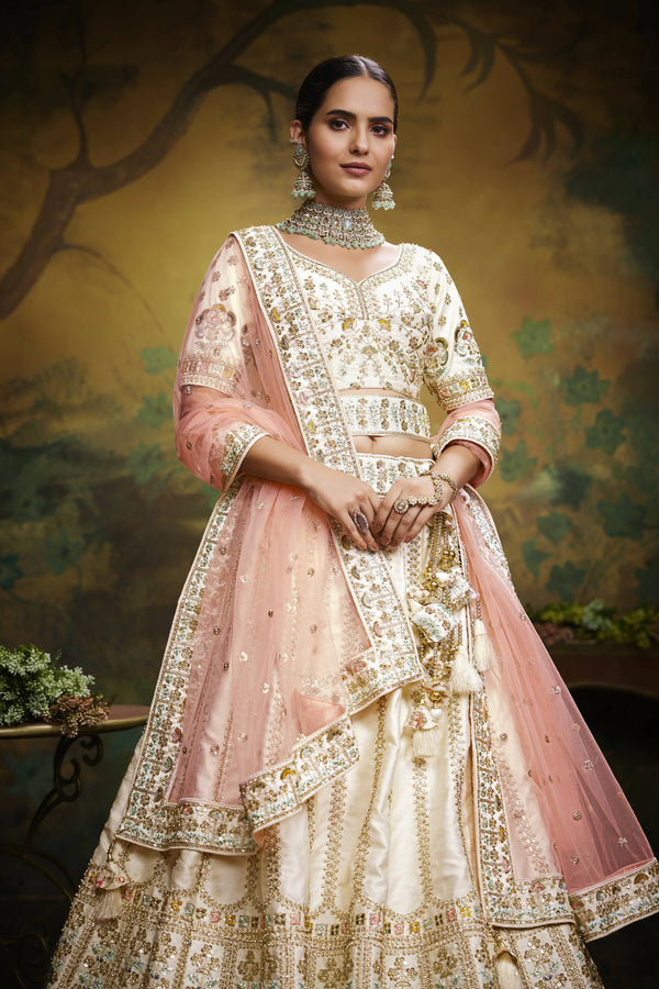 House of Panchhi Off White Pure Silk Moti & Zarkan heavy embroidery Lehenga choli & Dupatta - Distacart