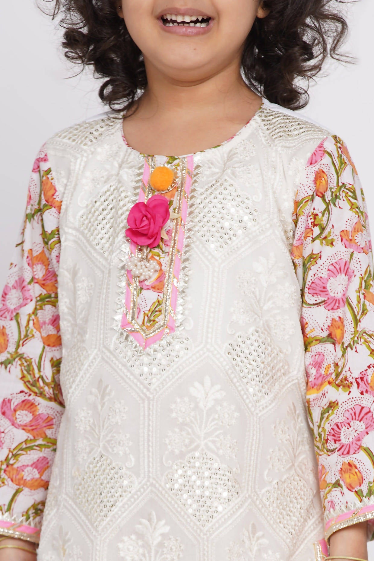 Little Bansi Cotton Floral work Kurta with Floral Sharara & Dupatta - White - Distacart