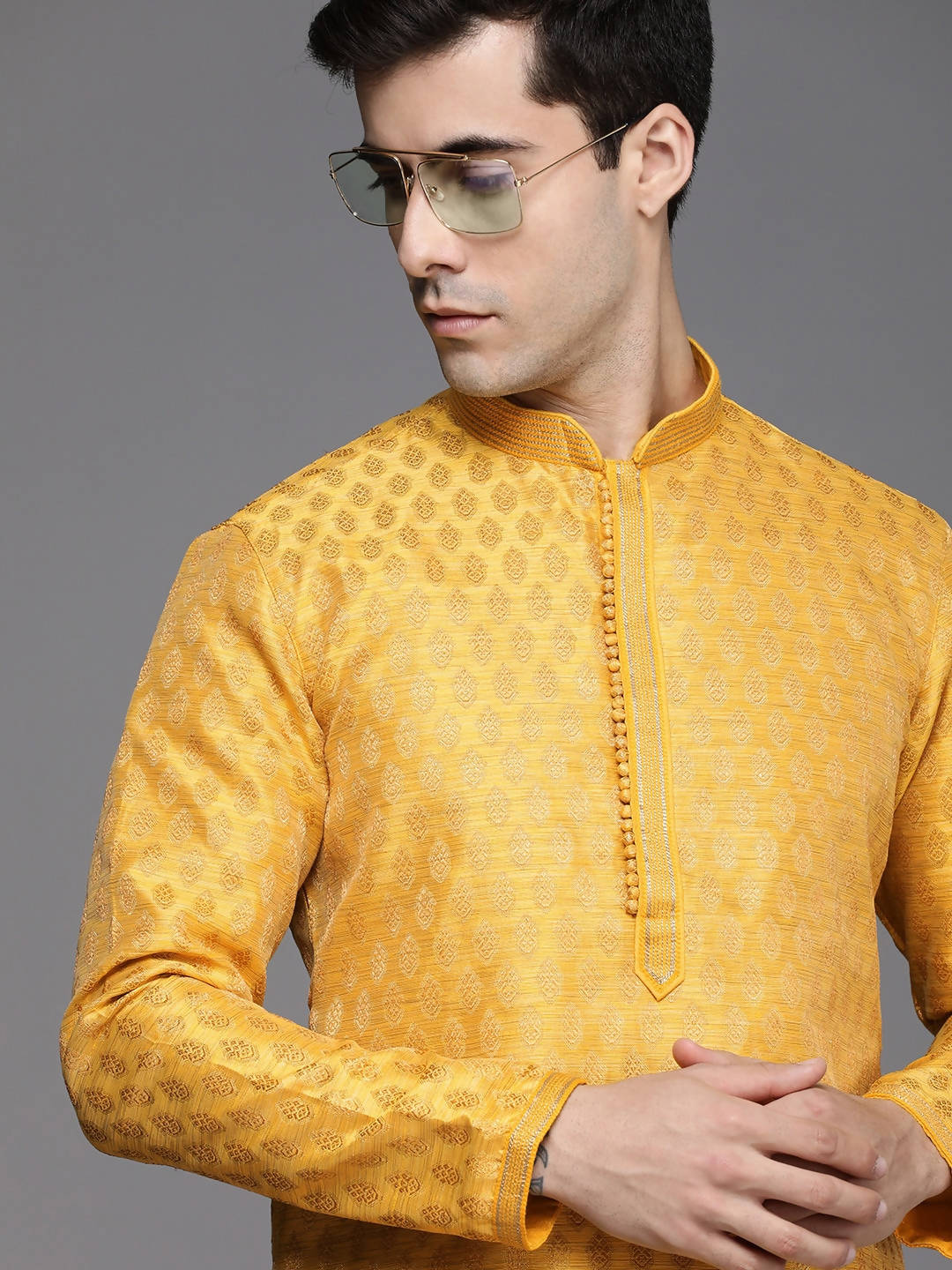 Manyavar Men Mustard Yellow Woven Design Kurta with Churidar - Distacart