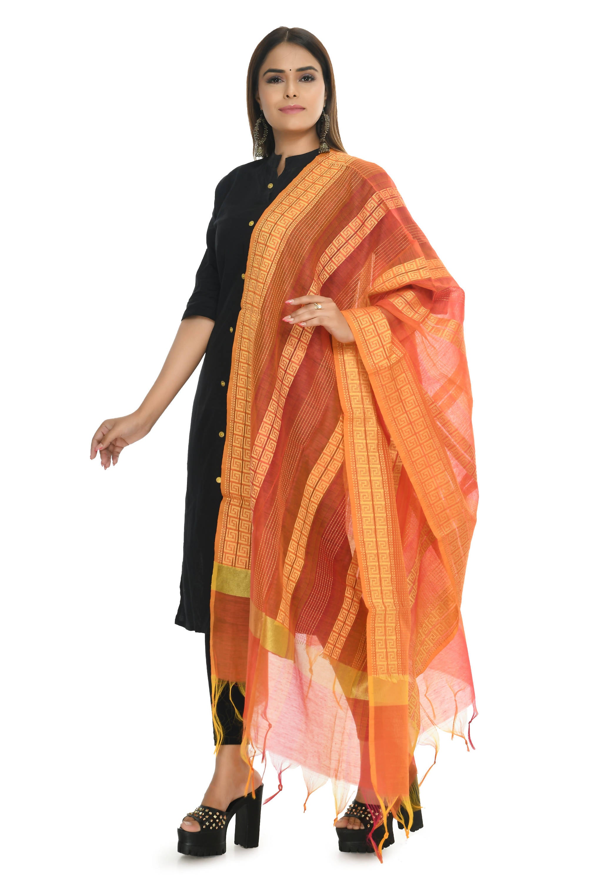 Mominos Fashion Moeza Handloom Cotton Orange Tone Dupatta - Distacart
