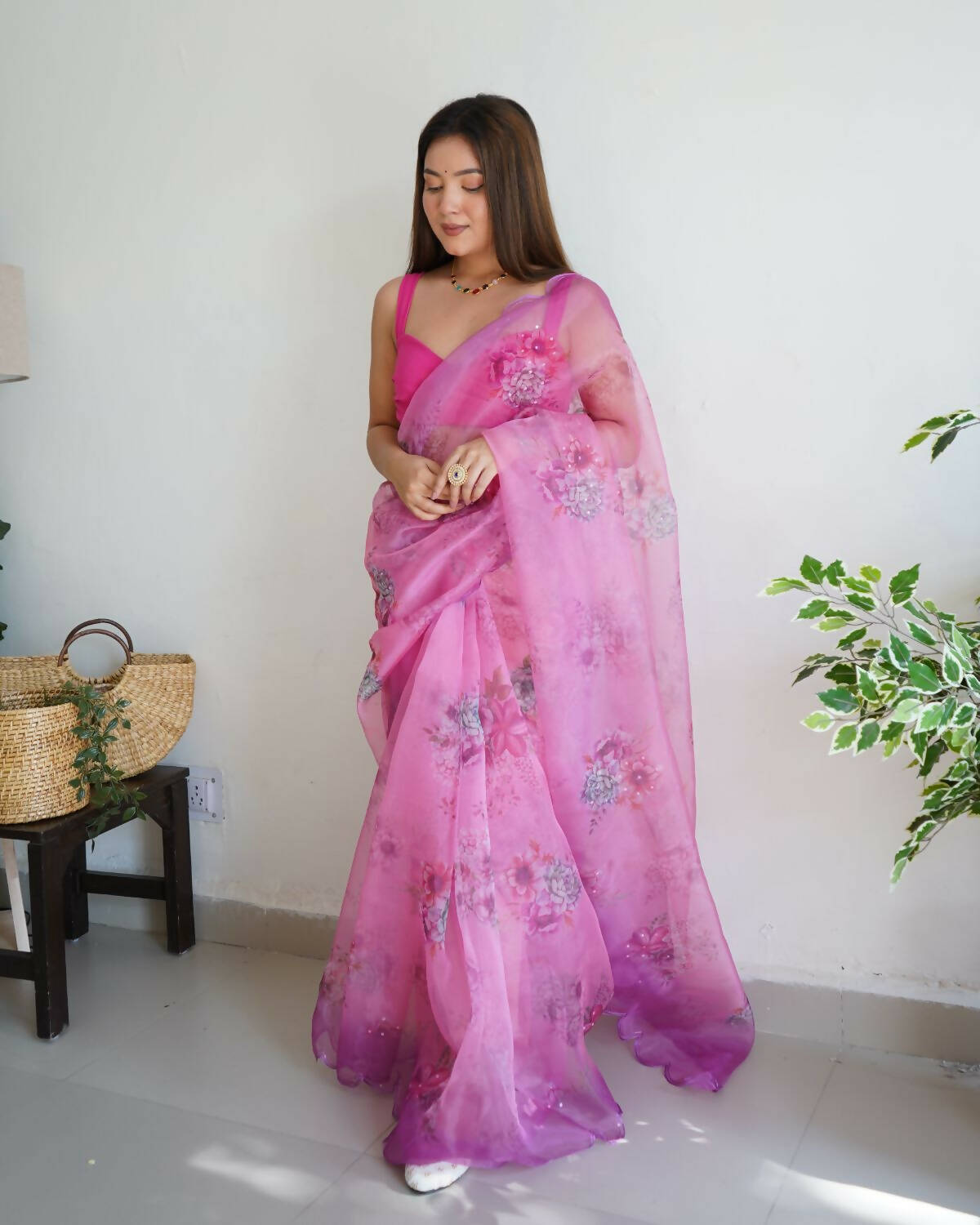 Vamsee Pink Organza Saree - Distacart