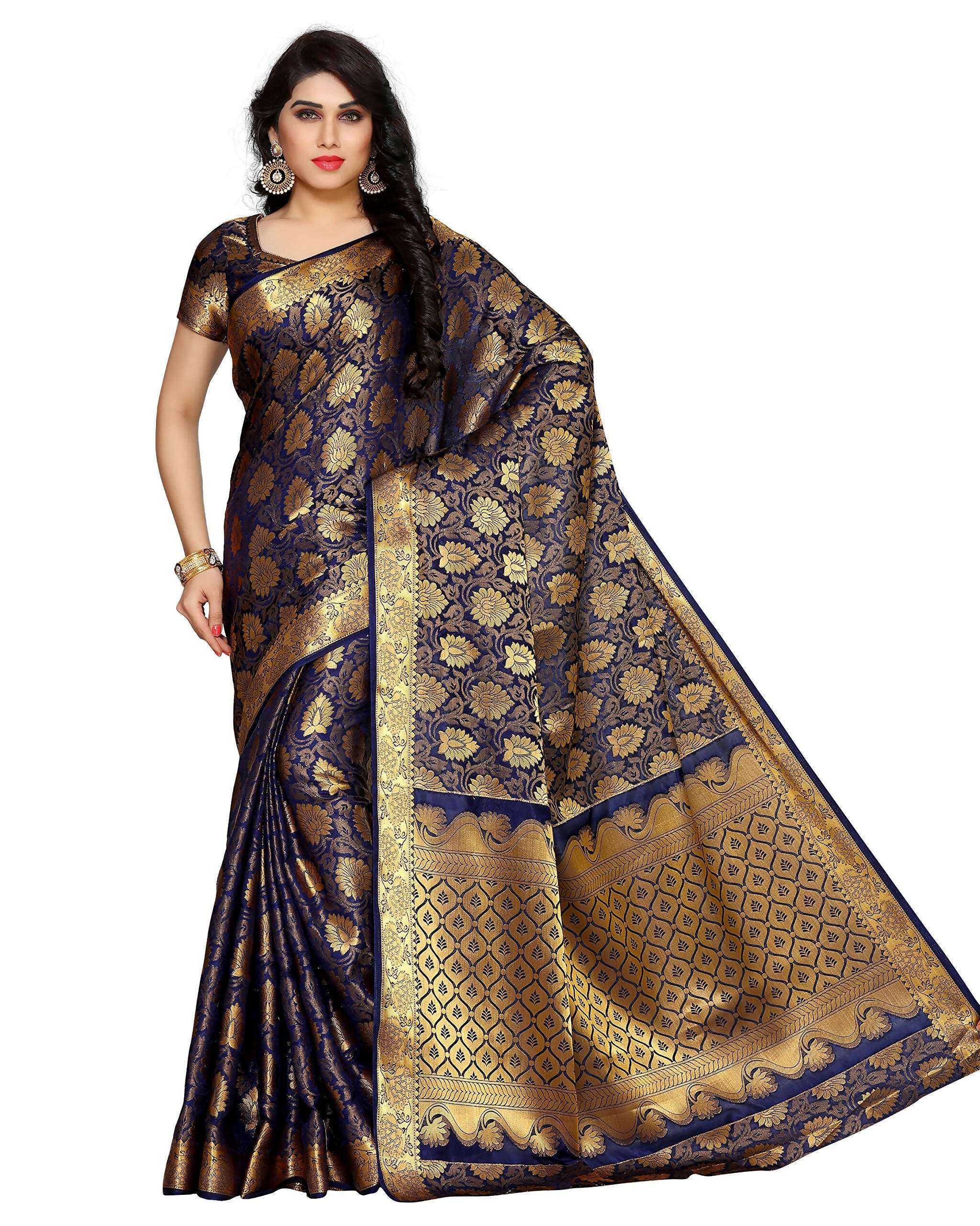 Mimosa Women's Kanchipuram Silk Navy Blue Saree - Distacart