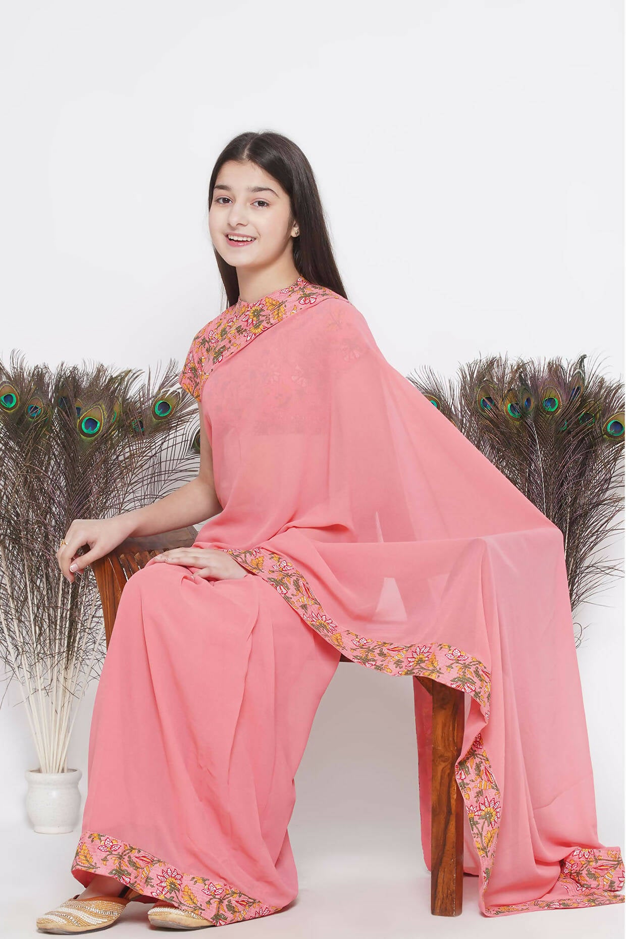 Little Bansi Floral Print Ready To Wear Saree And Floral Blouse - Coral - Distacart