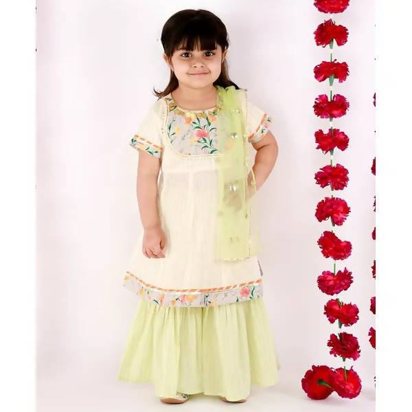 Little Bansi Green Sikka work Gold strip Kurta Frock with sharara and Dupatta