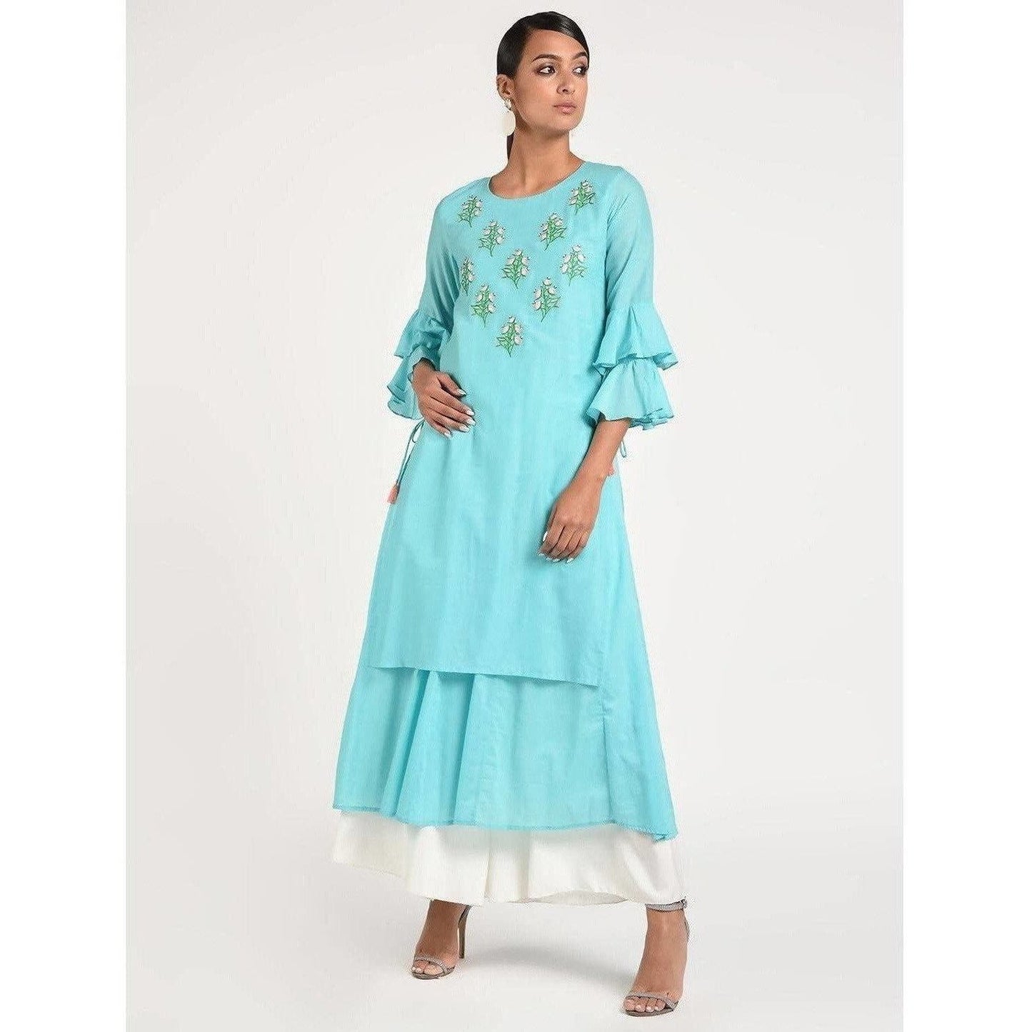 Cheera Women's Anarkali Double Layerd Kurta With Contrast Embroidery And Side Dori Tasal (CH020K)