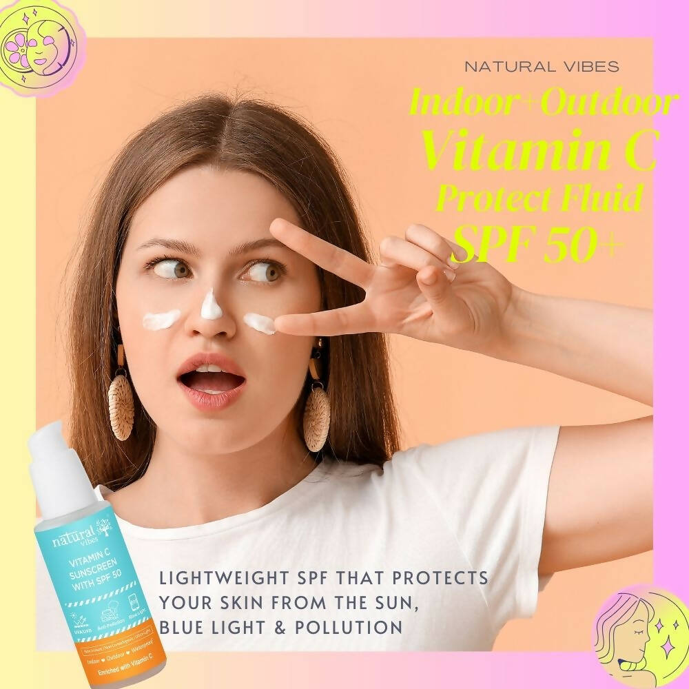 Natural Vibes Vitamin C Sunscreen SPF 50 + - UVA/UVB rays, Blue Light & Pollution Protection - Distacart