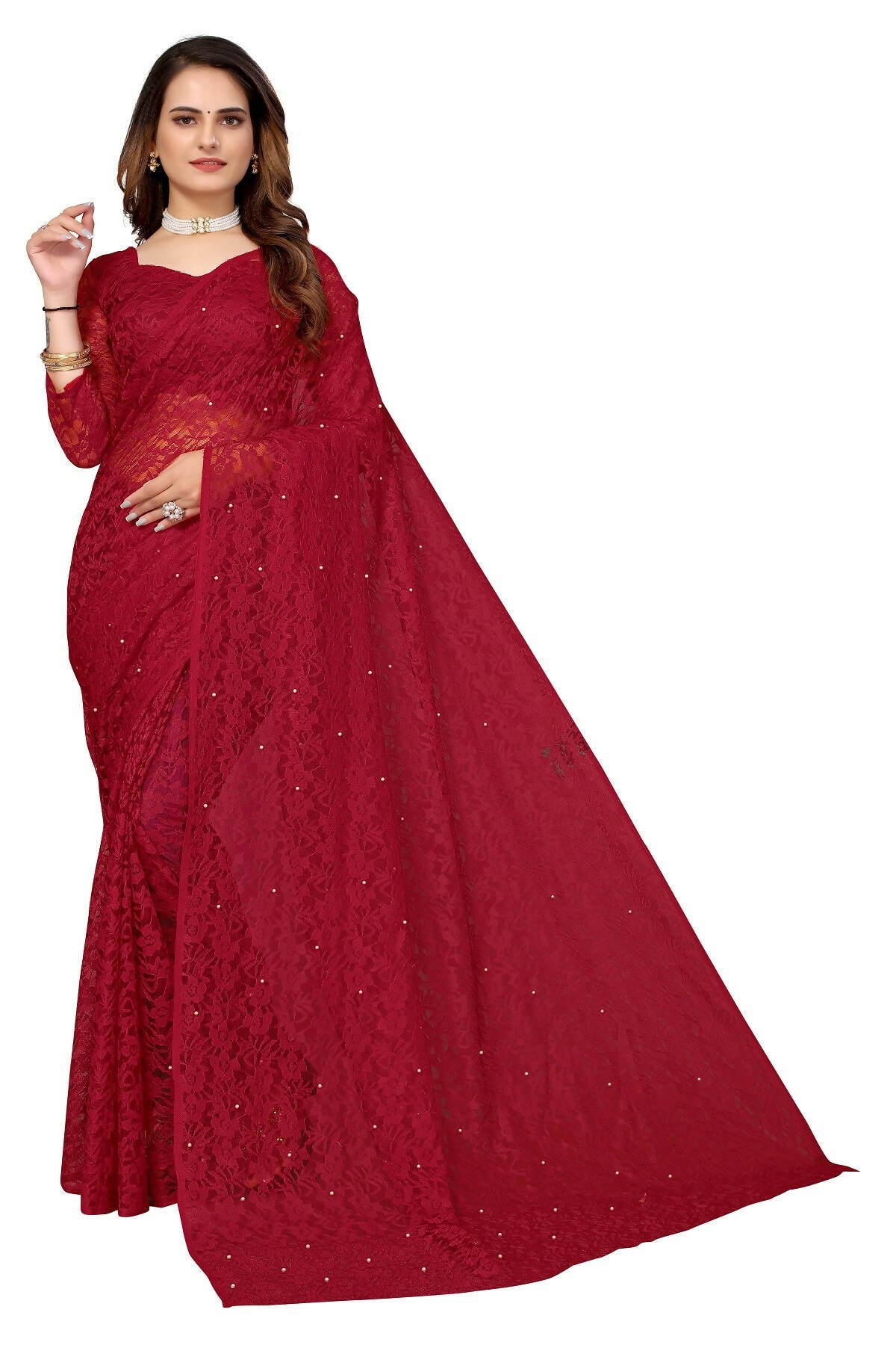 Vamika Maroon Pearls Net Saree - Distacart