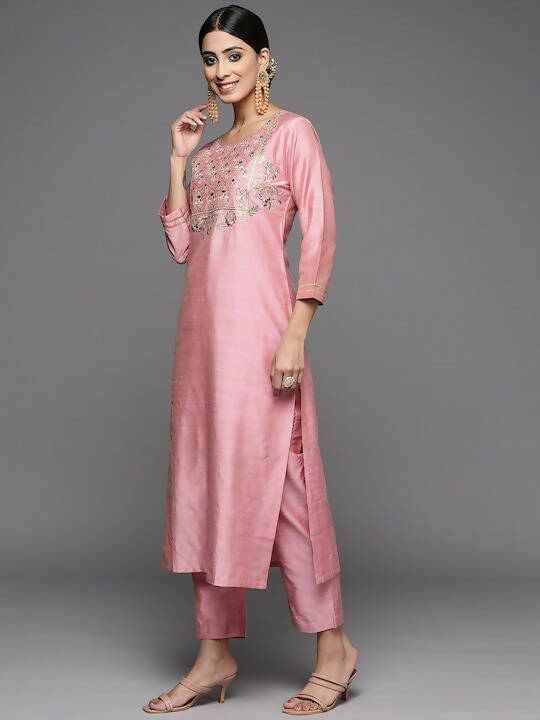 Varanga Women Pink Yoke Design Dupion Silk Kurta with Trousers & With Dupatta - Distacart