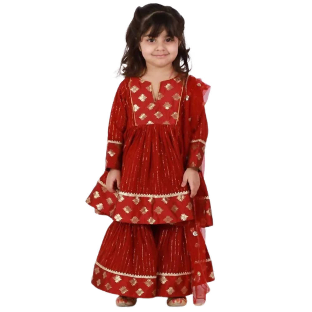 Little Bansi Maroon Color Brocade patch work Kurta Frock with Sharara and Dupatta