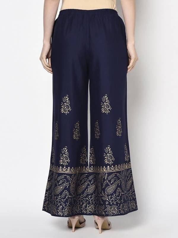 Aniyah Rayon Navy Blue Color Block Print Flared Slip-On Palazzo (AN-211K)