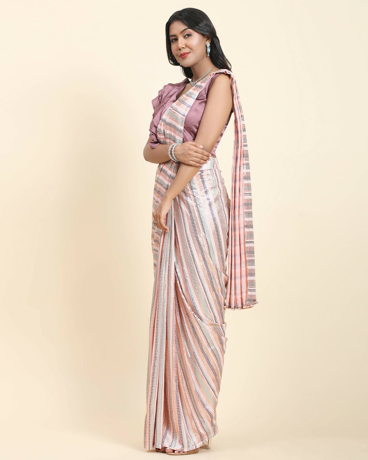 Peach Pure Georgette Sequence work Ready to wear Saree with stitched Blouse - Satiksha - Distacart