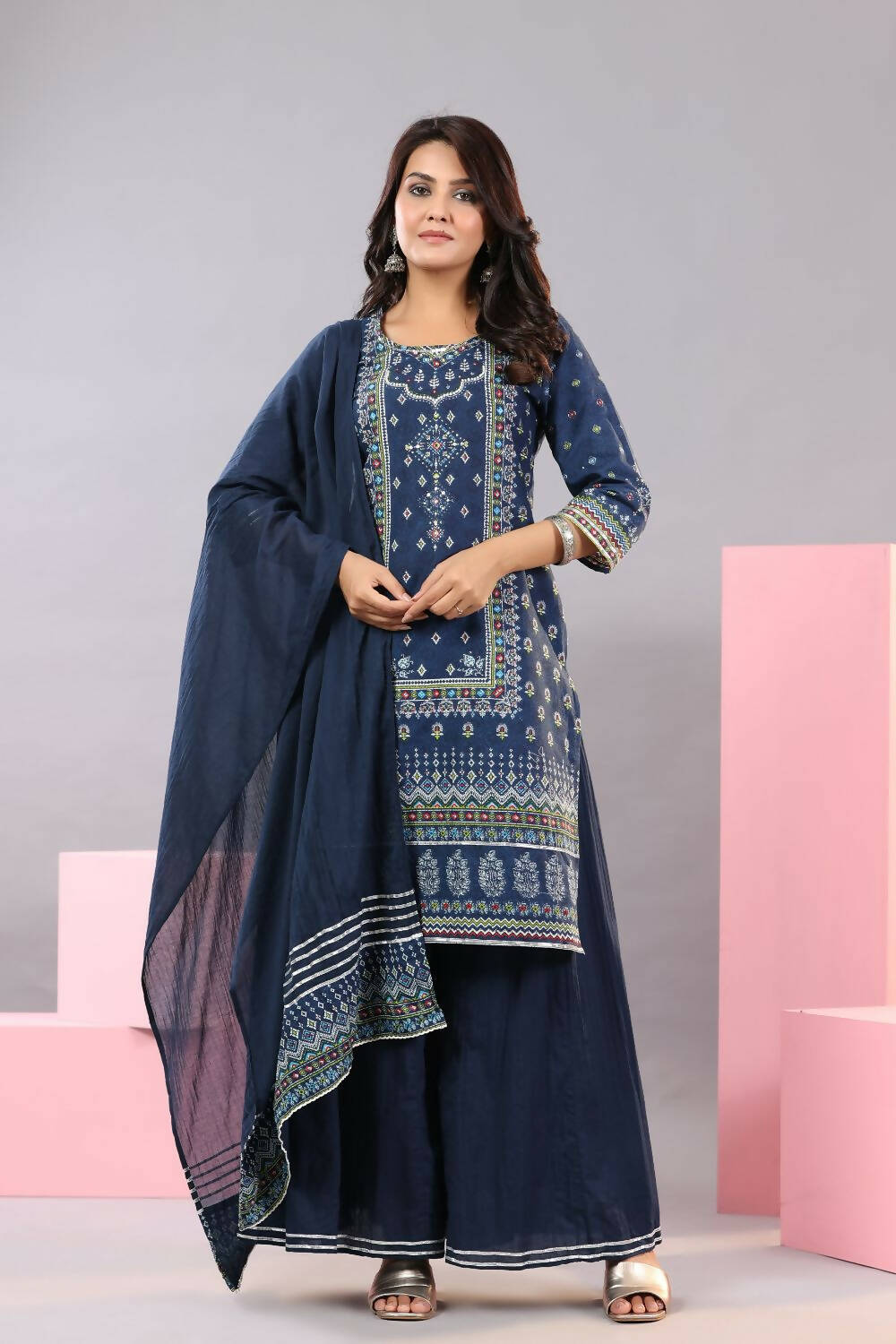 Juniper Women Indigo Cotton Cambric Printed Kurta, Palazzo and Dupatta Set - Distacart