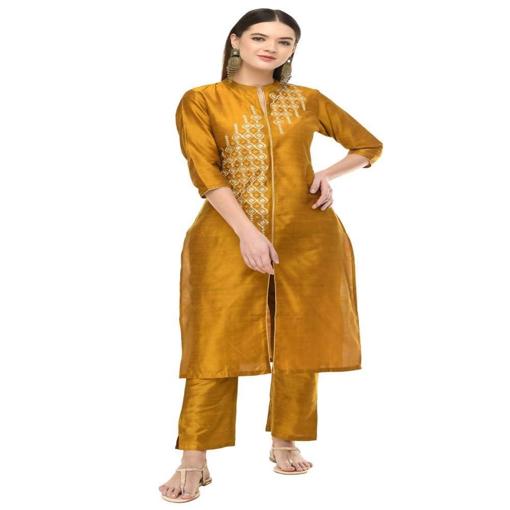 Lagi Women's Mustard Poly silk Straight Embroidred Kurta & Pant (RO115C)