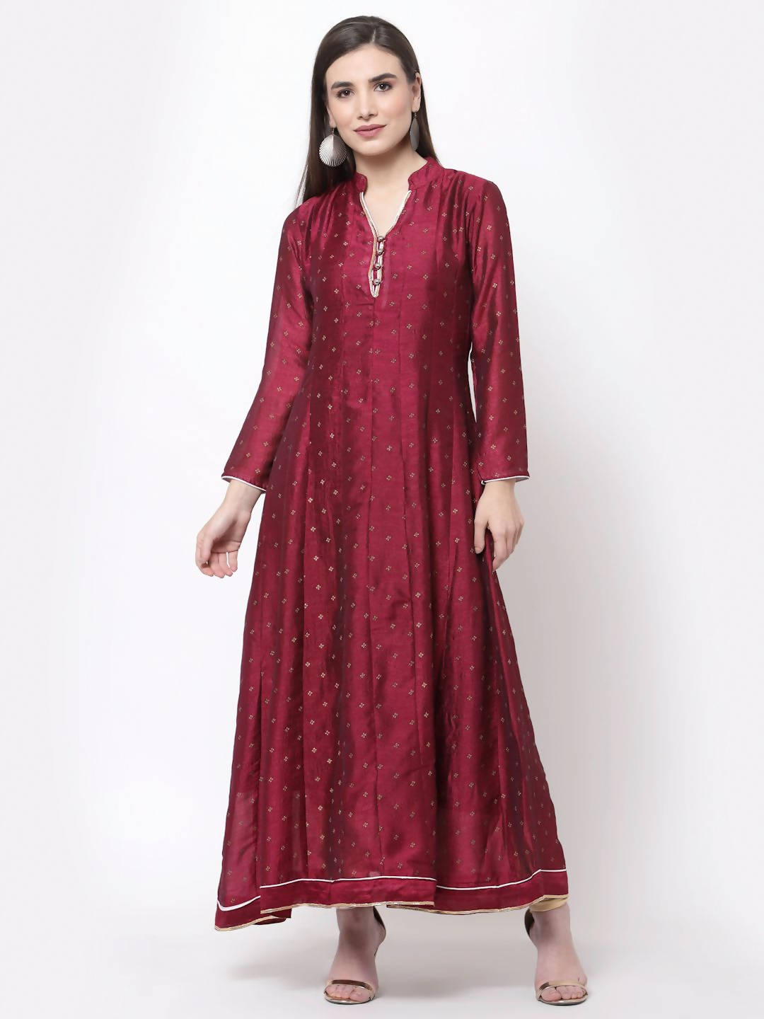 Myshka Women's Wine Georgette Printed 3/4 Sleeve Mandarin Neck Casual Anarkali Kurta Dupatta Set