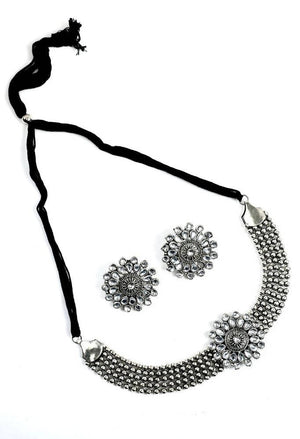 Tehzeeb Creations Oxidised Necklace And Earrings With Kundan Work