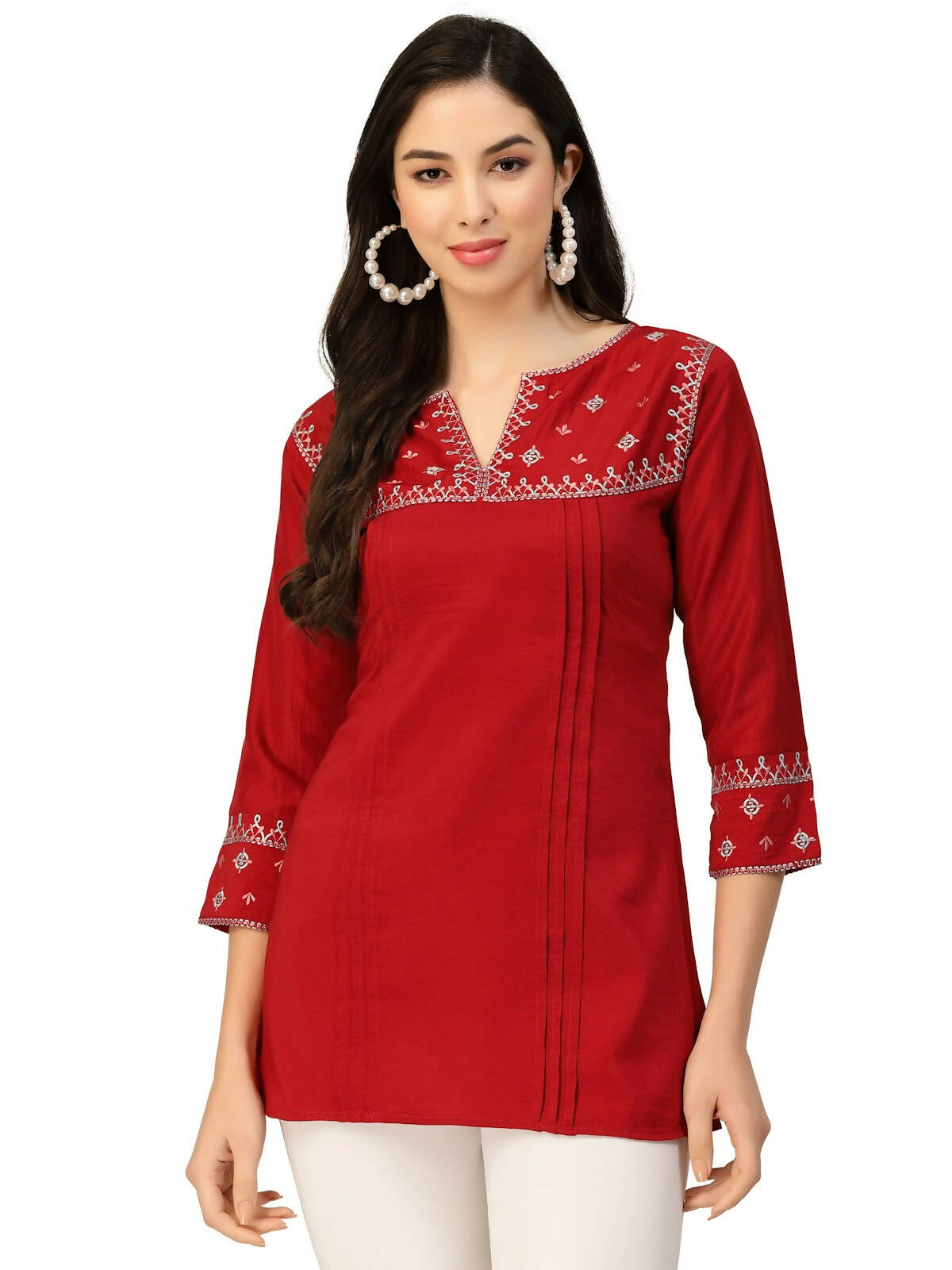 Red Chinon Floral Embroidered Top - Zeny - Distacart