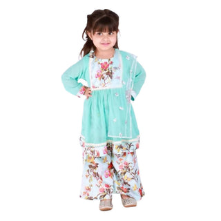 Little Bansi Blue Color Floral print Kurta Frock with Floral Plazzo and Dupatta