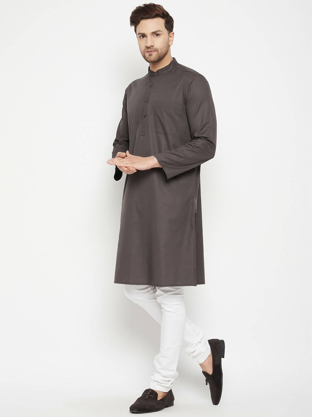 Even Apparels Brown Pure Cotton Long Men's Kurta With Band Collar - Distacart