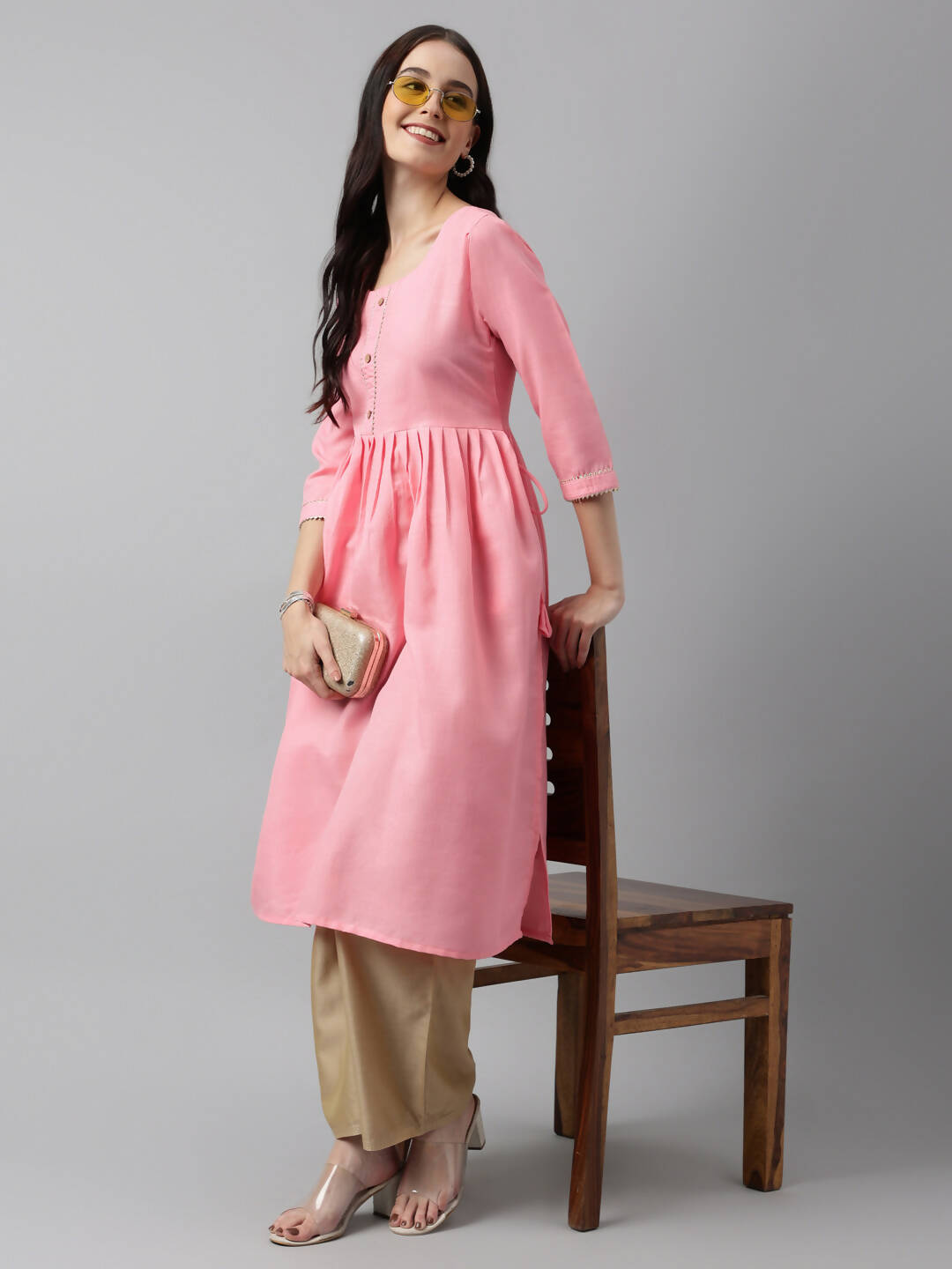 Pink Poly Cotton Solid Nayra Cut Kurta - Tirtha - Distacart