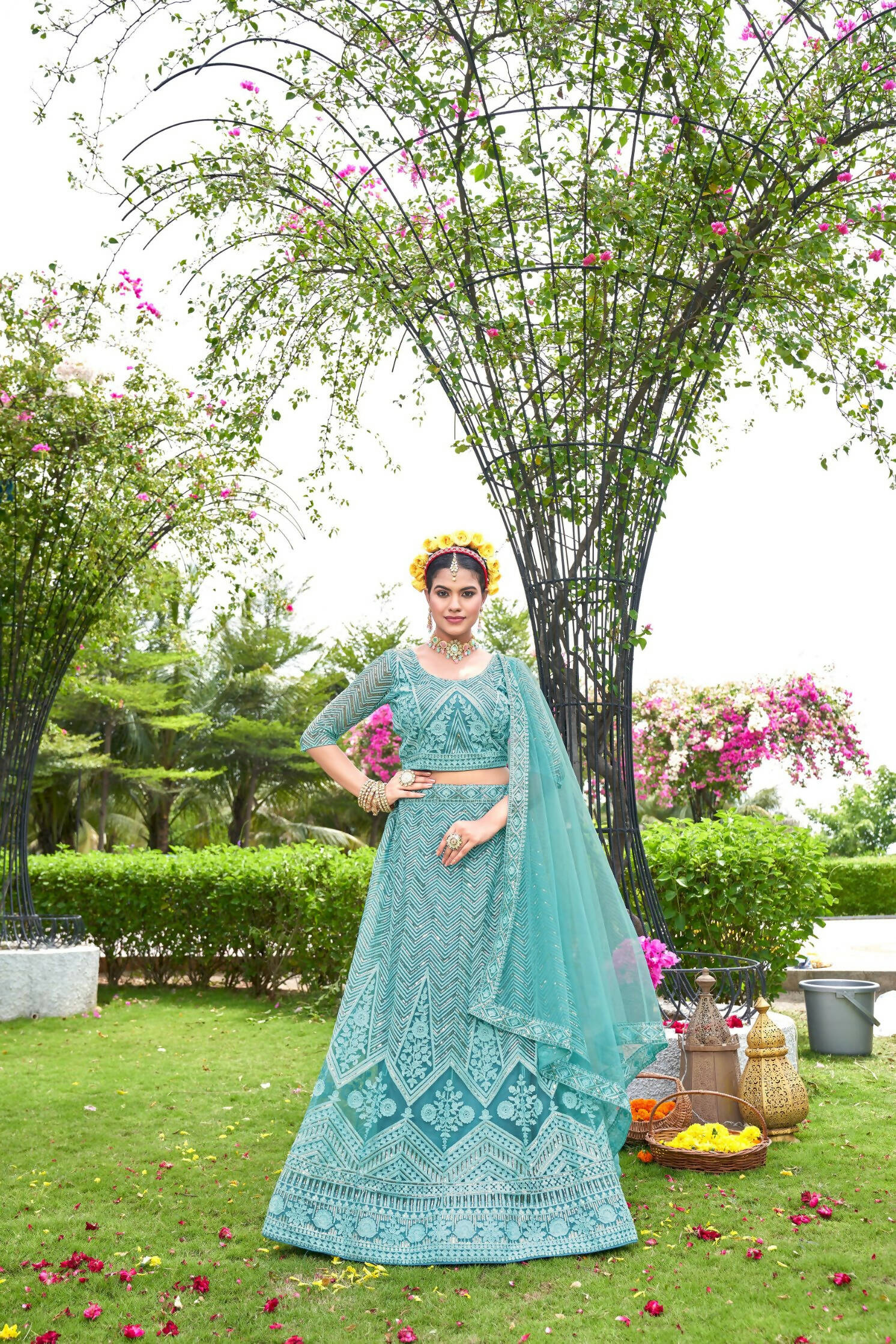 Blue Net Embroidered Semi Stitched Lehenga Choli with Dupatta - Bhagya - Distacart