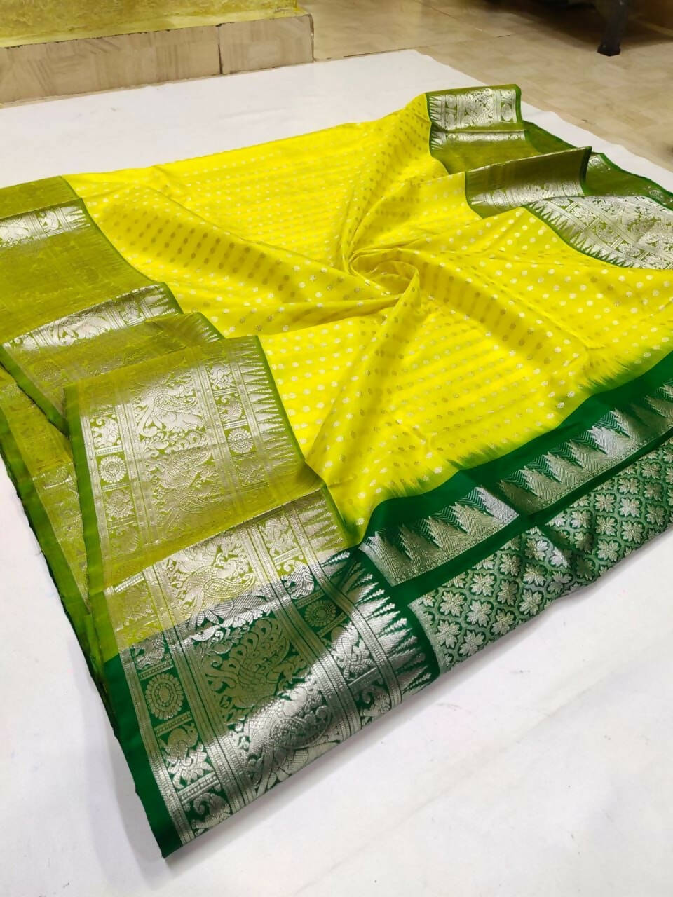 DEIANA'S Beautiful Golden Jari with New Design Soft Lichi Silk Saree - Yellow - Distacart