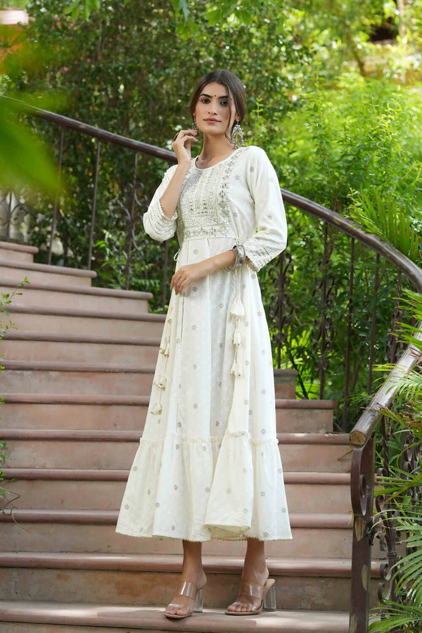 Juniper Off-White Rayon Festive Wear Embroidered A-Line Long Dress - Distacart
