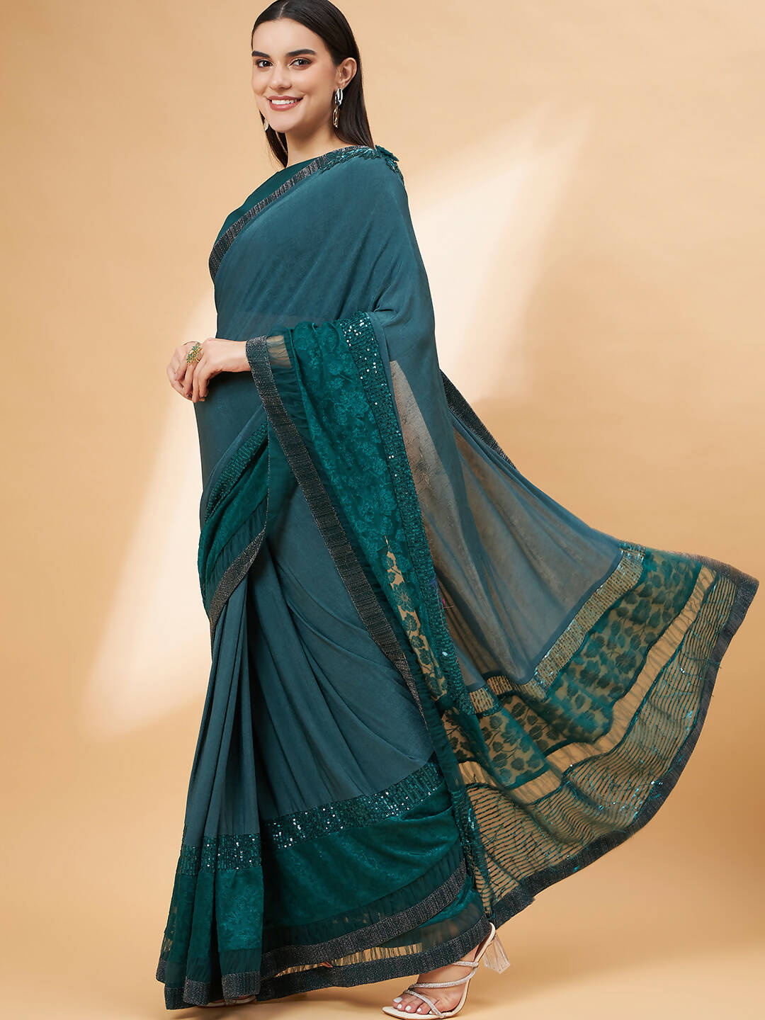 Green Lycra Flock Work, Seuqins Embroidery, Handwork Shoulder Butta Saree - Norita Hit Design - Distacart