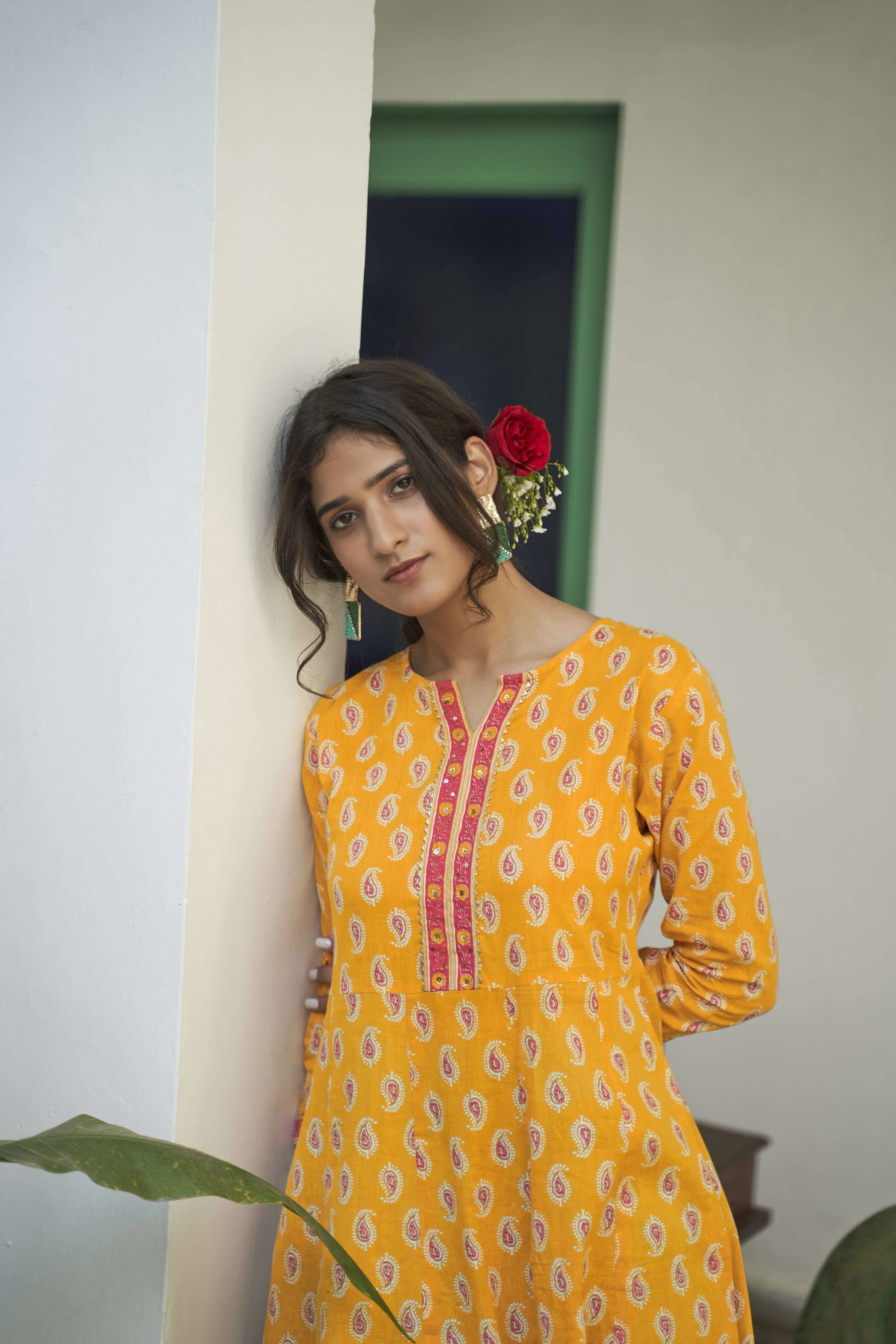 Mustard Cotton Paisley Printed A line Kurta - Prasuti - Distacart