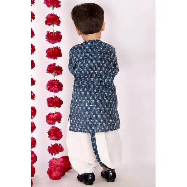 Little Bansi Indigo and White Cplor Bengali Kantha work floral kurta with Dhoti