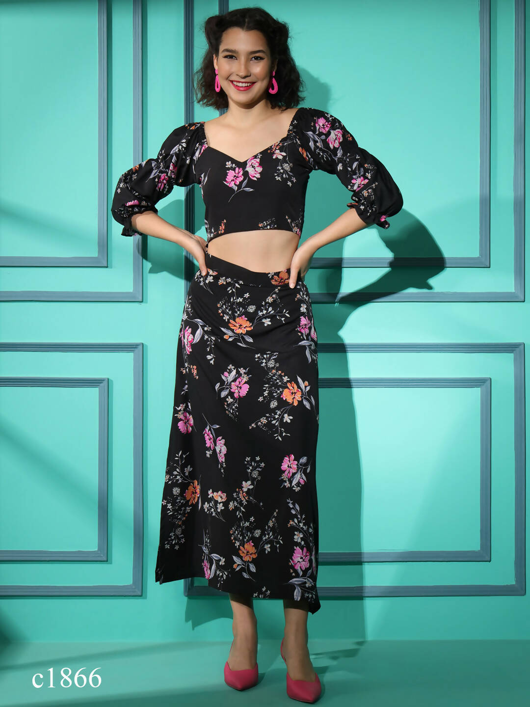 Black Crepe Floral Printed Top with Matching Skirt - Shivani - Distacart