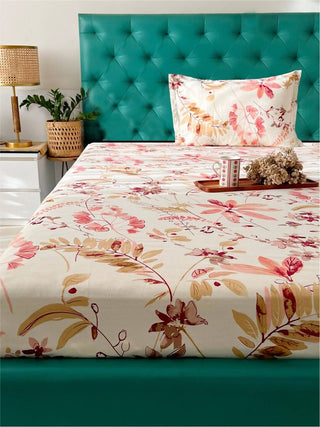URBAN SPACE Serene White Floral Printed 200 TC Pure Cotton Bedsheet & Pillow Covers - Distacart
