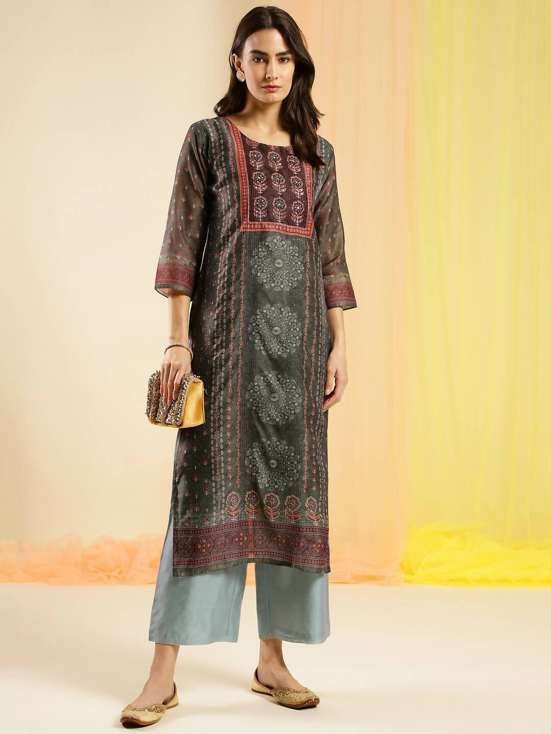 Dark Green Chinon Digital Printed With Hand Work Kurta - Himanshi - Distacart