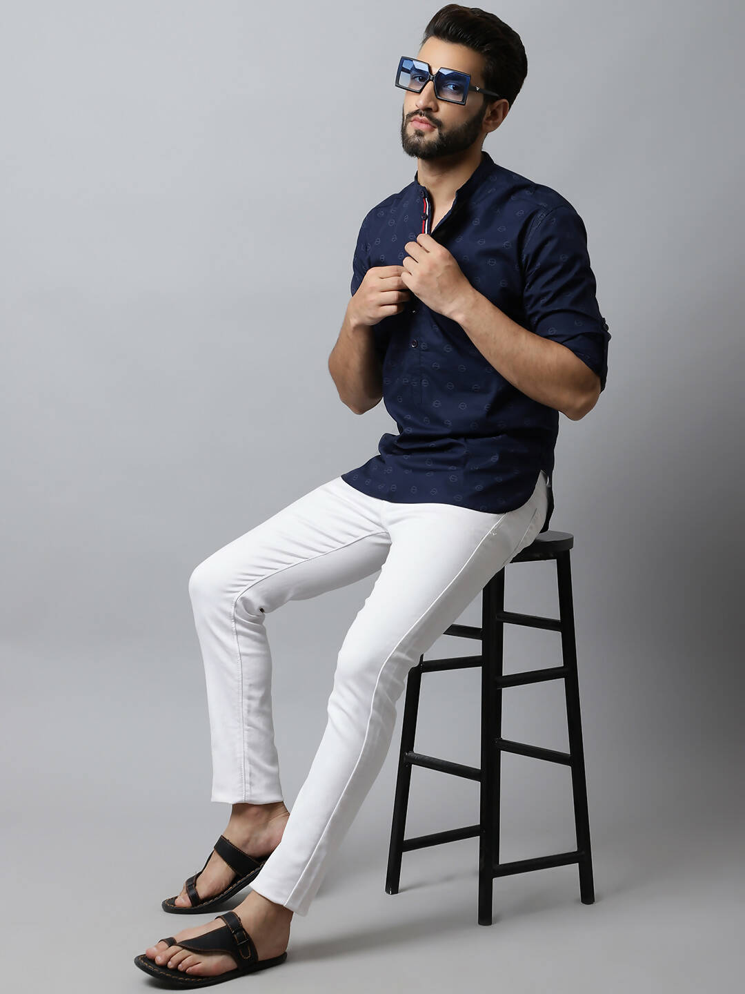 Even Apparels Navy blue Color Pure Cotton Men's Kurta With Band Collar (PRT1184) - Distacart