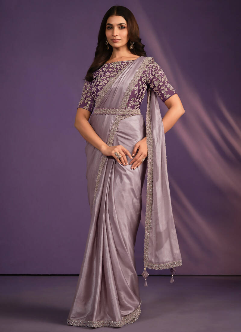 Purple Pattern Georgette Embroidered Saree With Stitched Blouse - Mohmanthan Exotica - Distacart