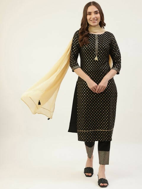 FIORRA Women's Black Poly Crepe Straight Kurta Pant With Dupatta - Distacart