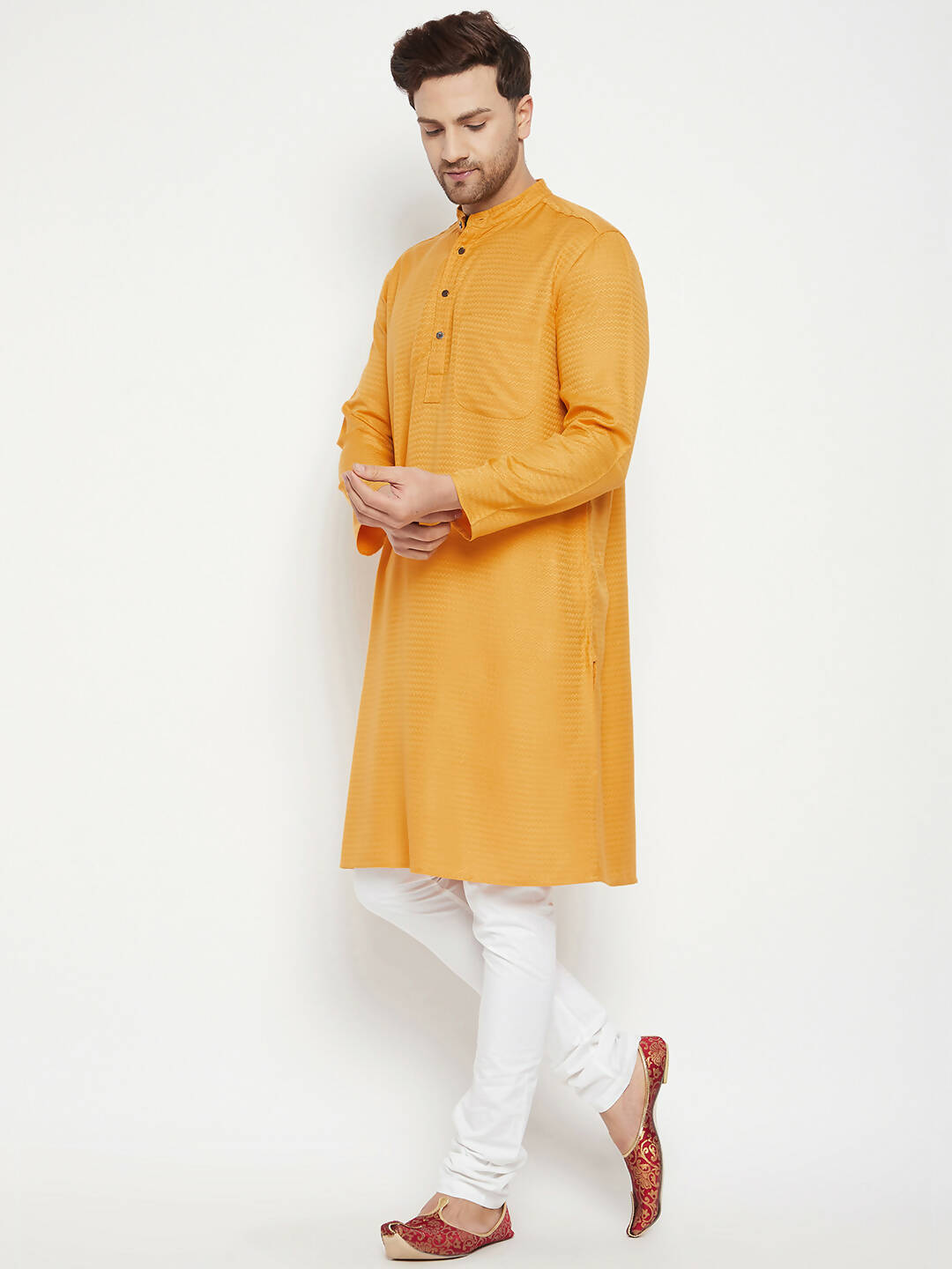 Even Apparels Yellow Viscose Men's Long Kurta With Band Collar - Distacart