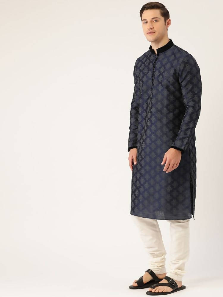 Manyavar Men Navy Blue & Off-White Printed Kurta with Churidar - Distacart