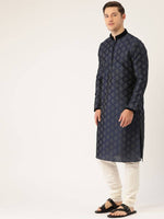 Thumbnail for Manyavar Men Navy Blue & Off-White Printed Kurta with Churidar - Distacart
