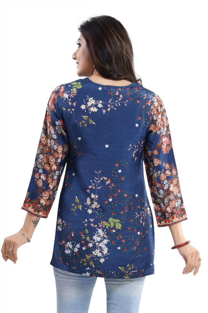 Snehal Creations Blend Well Beautiful Blue Faux Crepe Printed Tunic Top