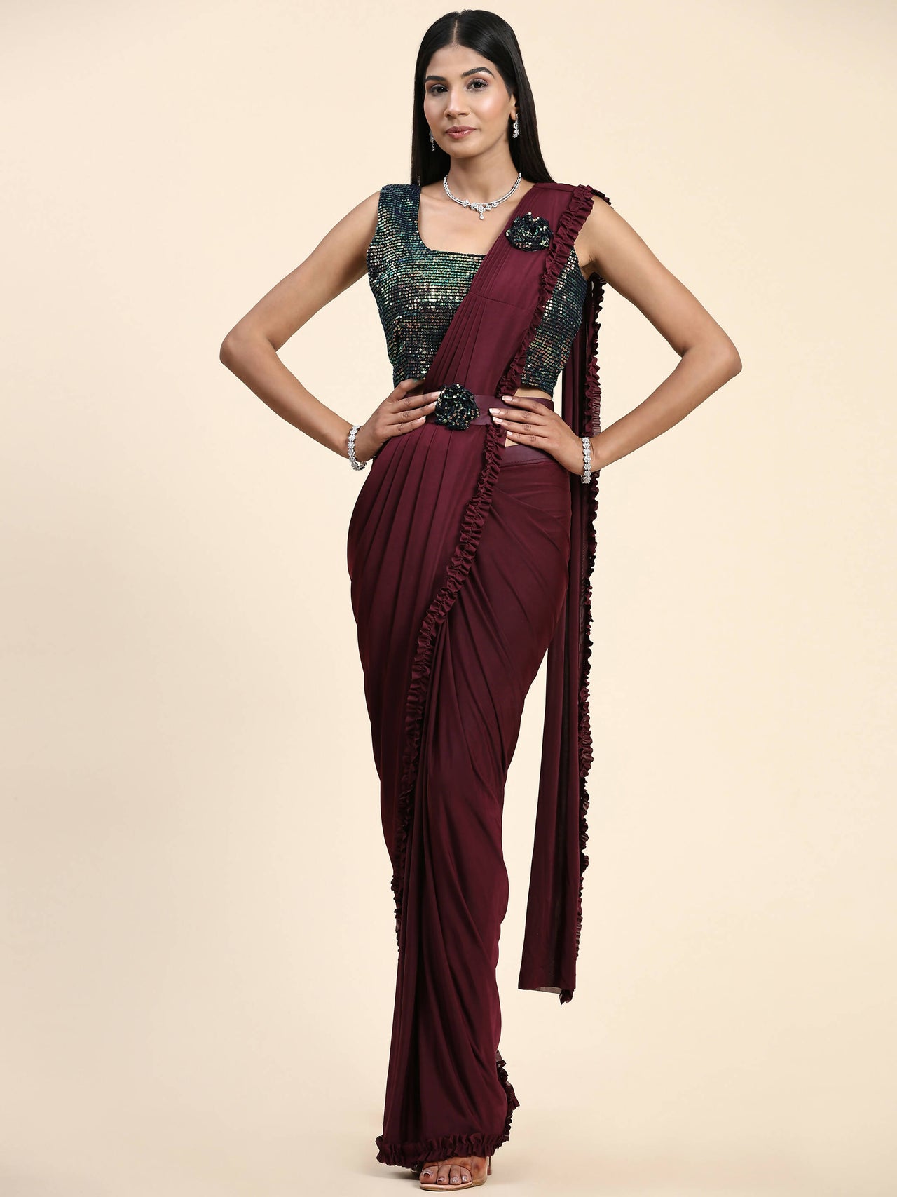 Maroon Imported Fabric Plain Ready to wear Saree with stitched Blouse - Vrinda - Distacart