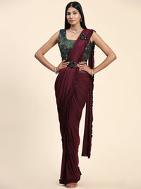 Thumbnail for Maroon Imported Fabric Plain Ready to wear Saree with stitched Blouse - Vrinda - Distacart