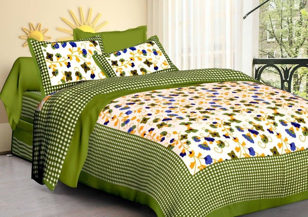 Vamika Printed Cotton Green Floral Bedsheet With Pillow Covers 