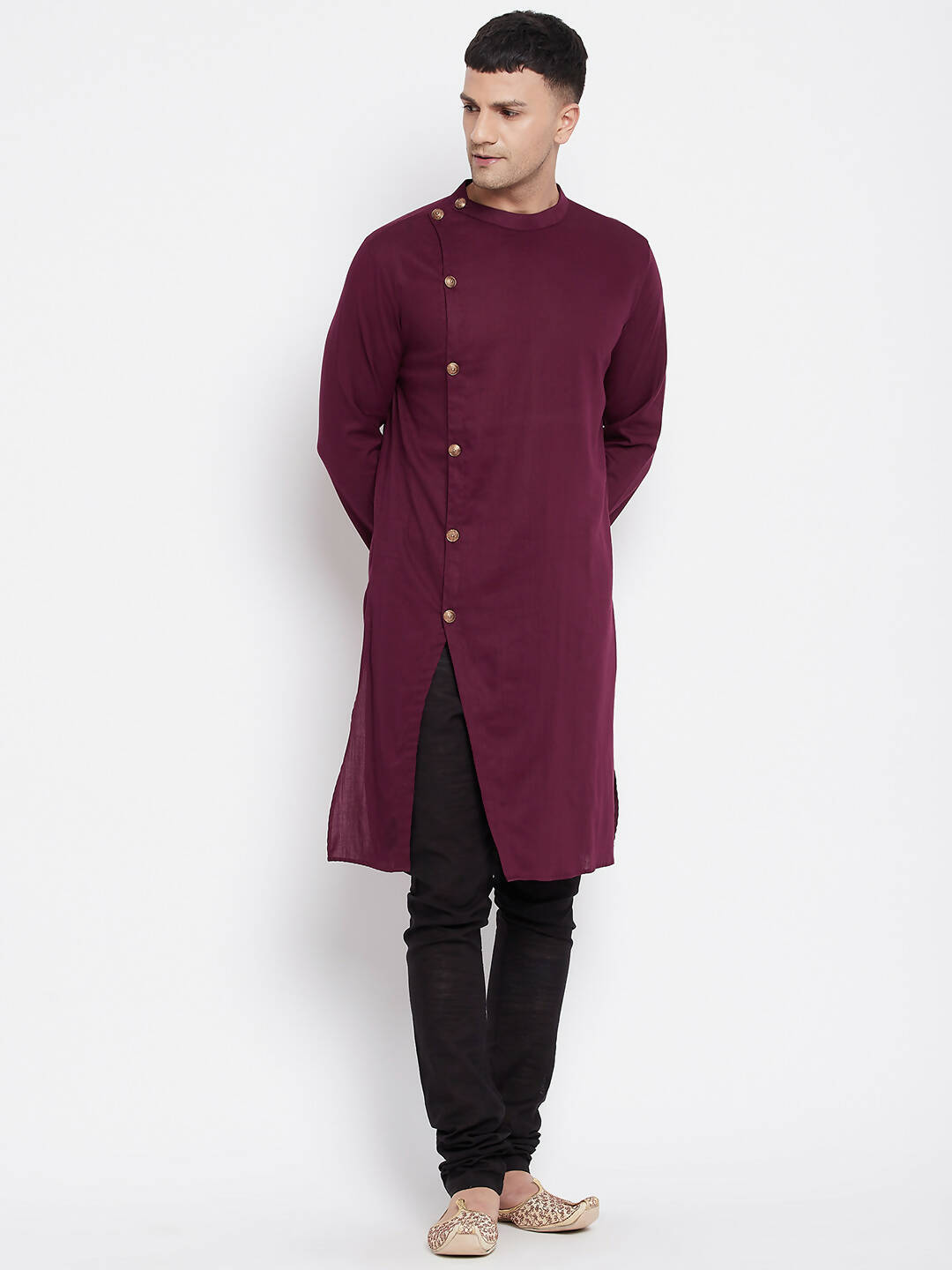 Even Apparels Maroon Pure Cotton Men's Sherwani Kurta With Asymetrical Cut - Distacart