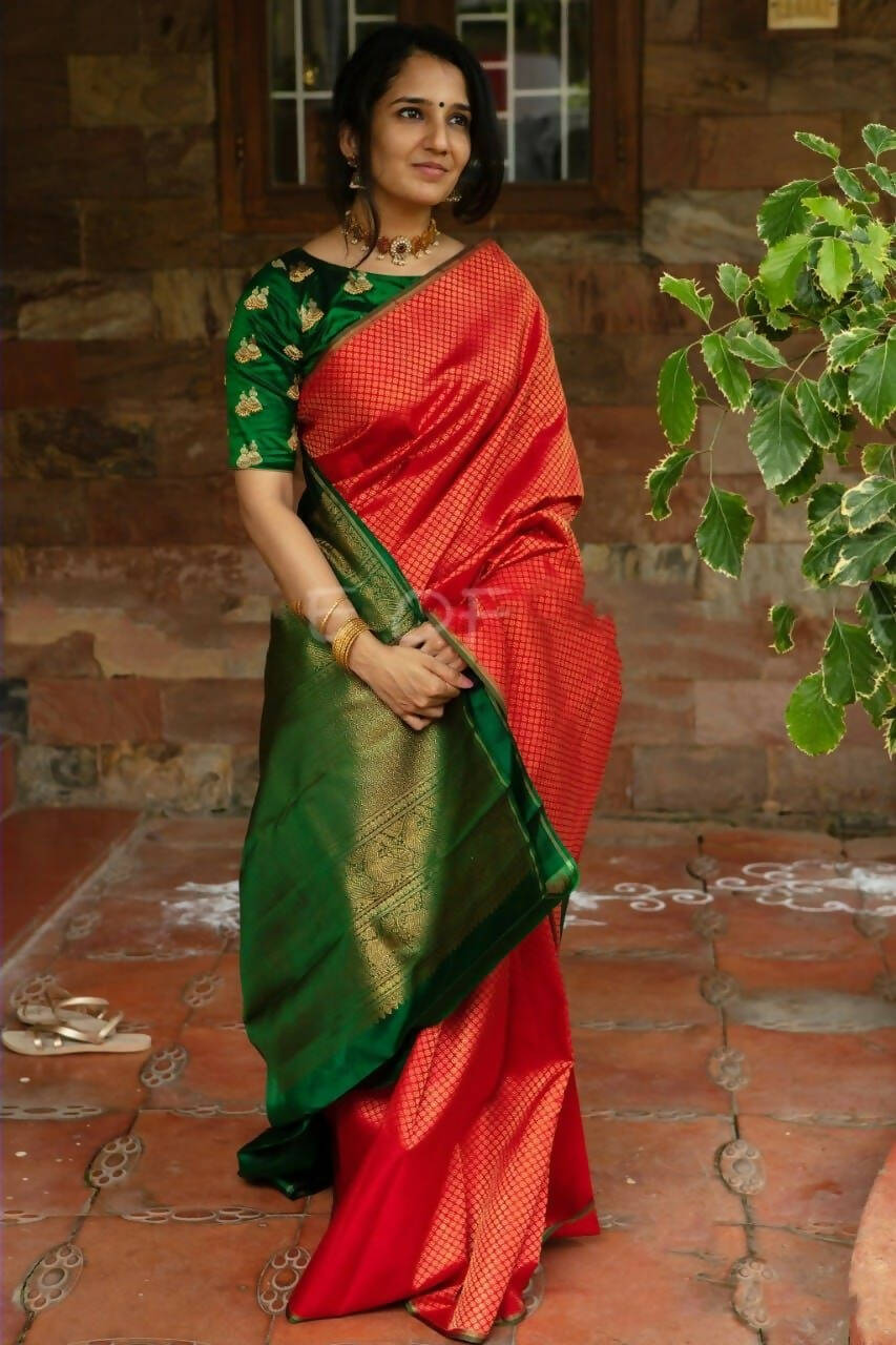 DEIANA'S Beautiful Golden Jari with New Design Soft Lichi Silk Saree - Red - Distacart
