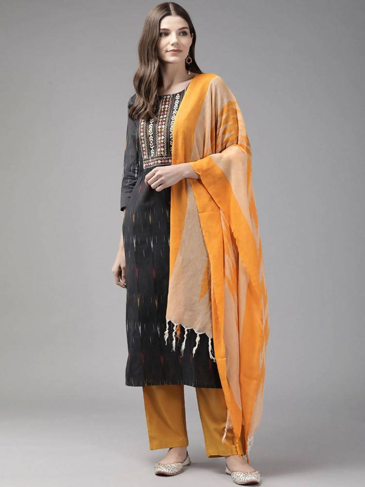 Yufta Black Pure Cotton Ikat Design Kurta with Palazzo & Dupatta