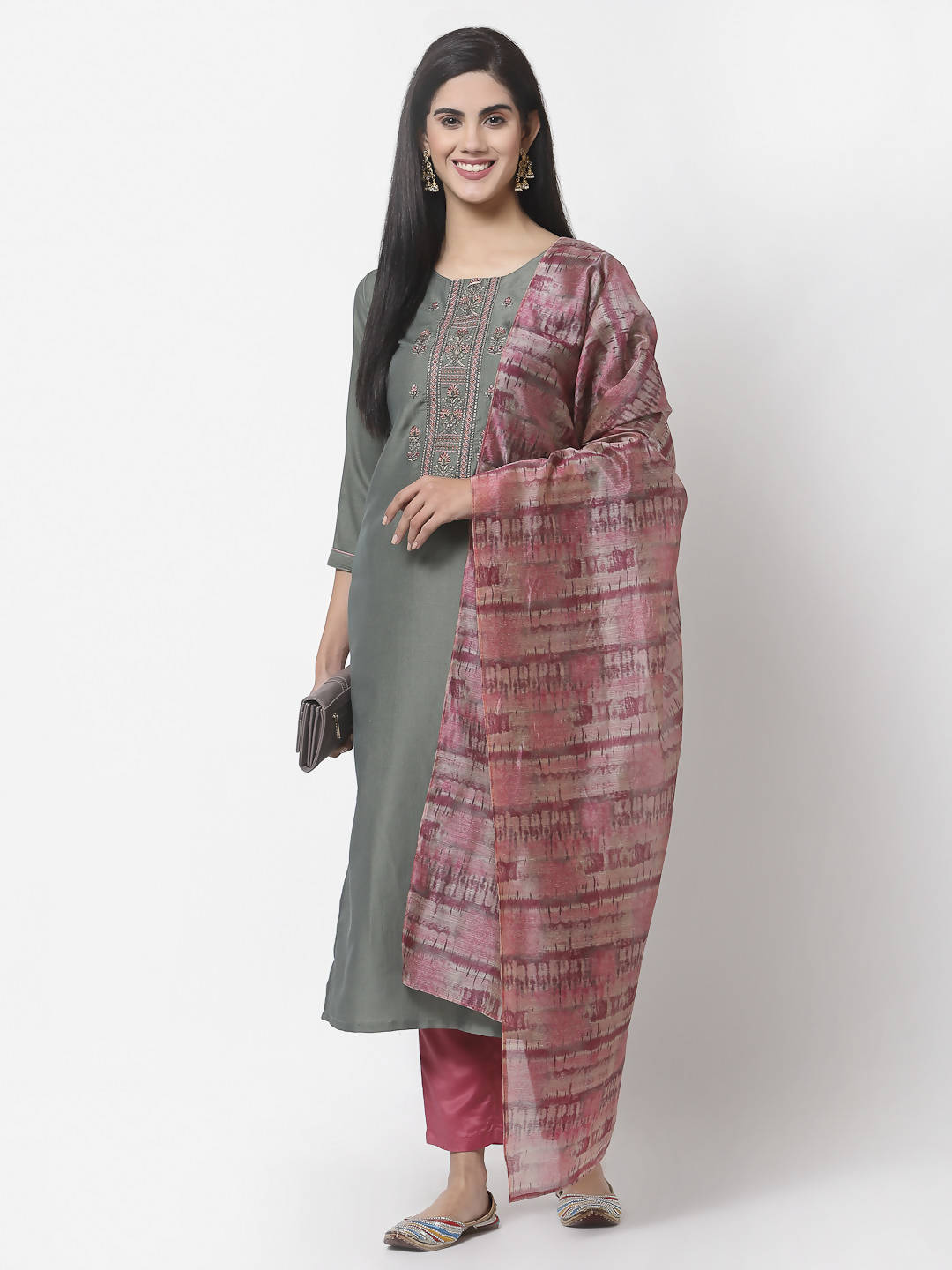 Myshka Women Grey Silk Blend Embroidered 3/4 Sleeve Round Neck Kurta Pant Dupatta Set