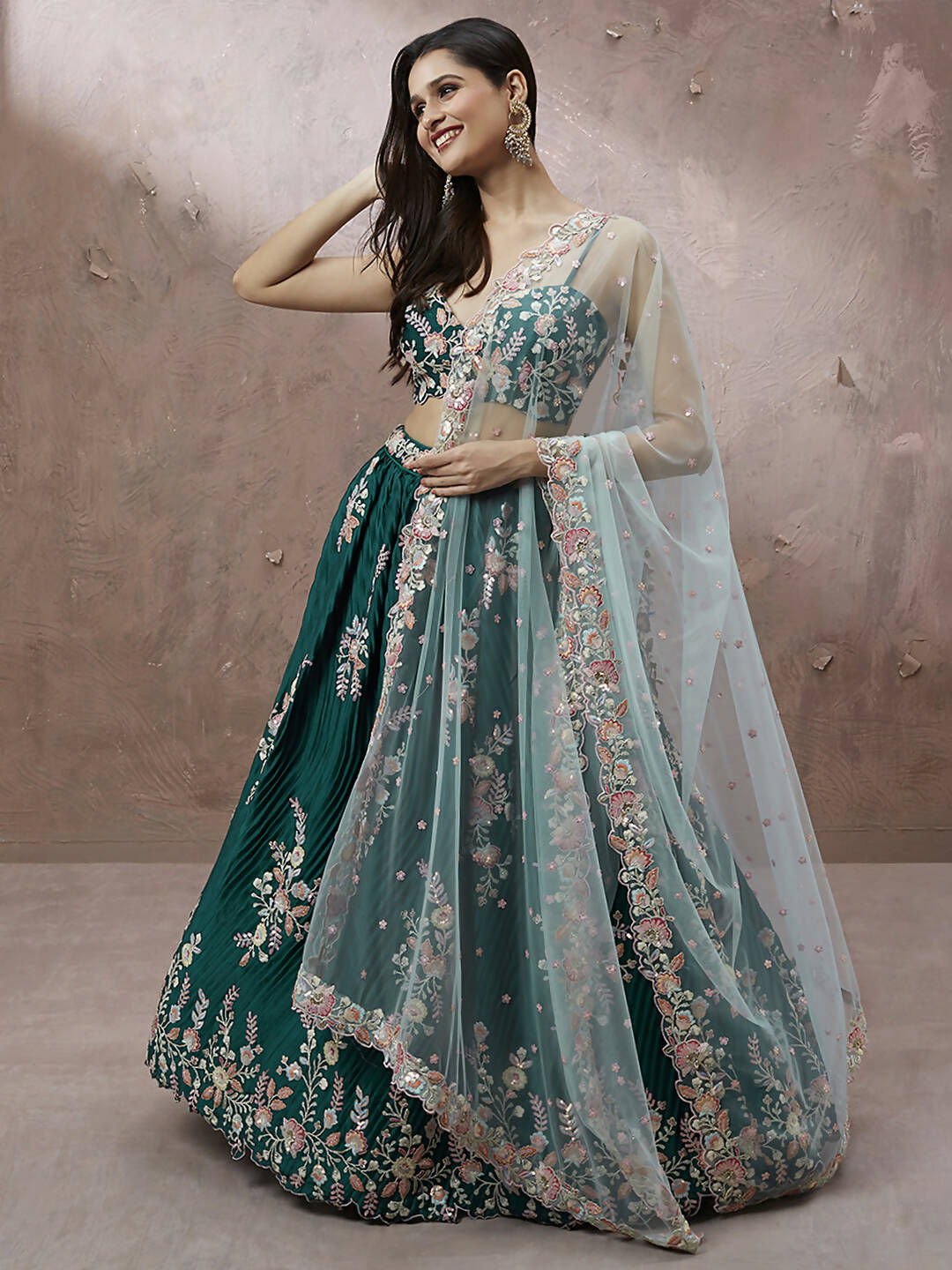 House of Panchhi Teal - Pure Georgette Thread & Sequins Work Lehenga - Distacart