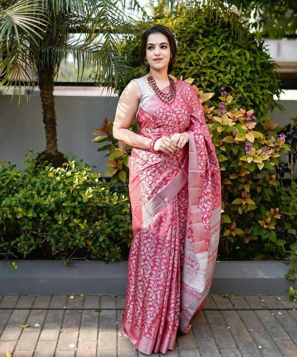 DEIANA'S Beautiful Golden Jari with New Design Soft Lichi Silk Saree - Pink - Distacart