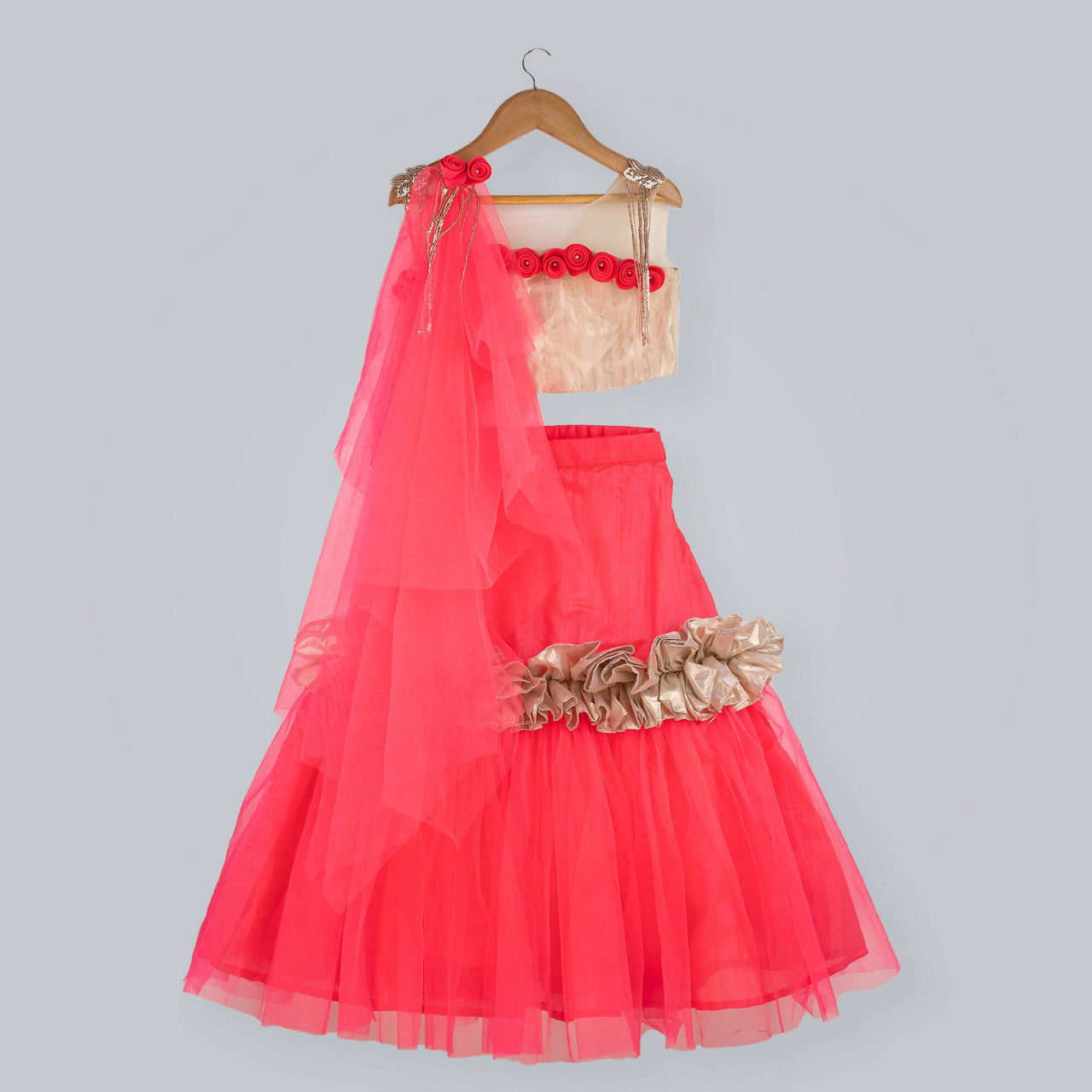 Pink Cow Fashions Golden & Pink Ghagra Choli With Frill - Distacart