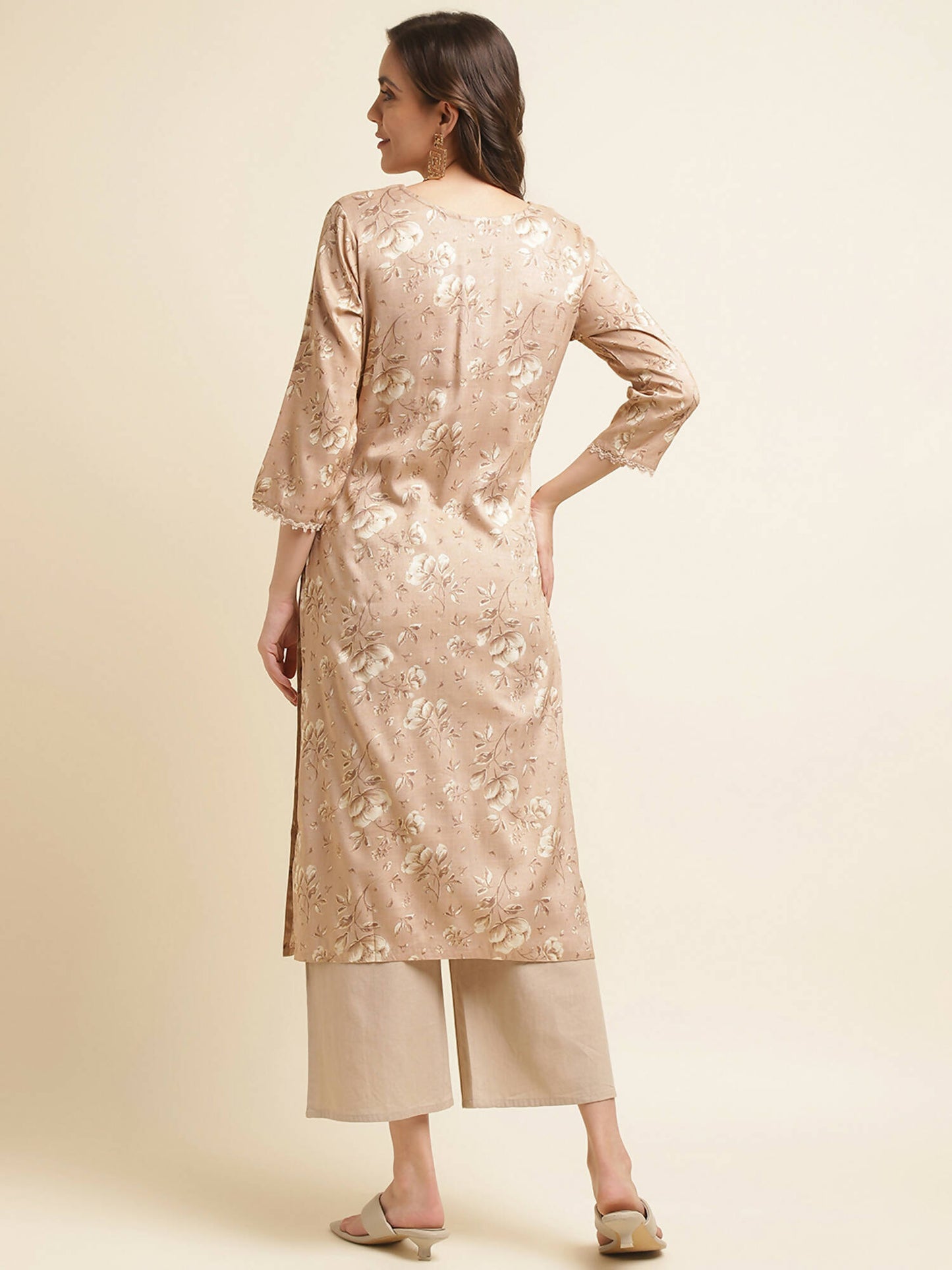 Beige Poly Rayon Floral Printed Straight Kurta - Prasuti - Distacart